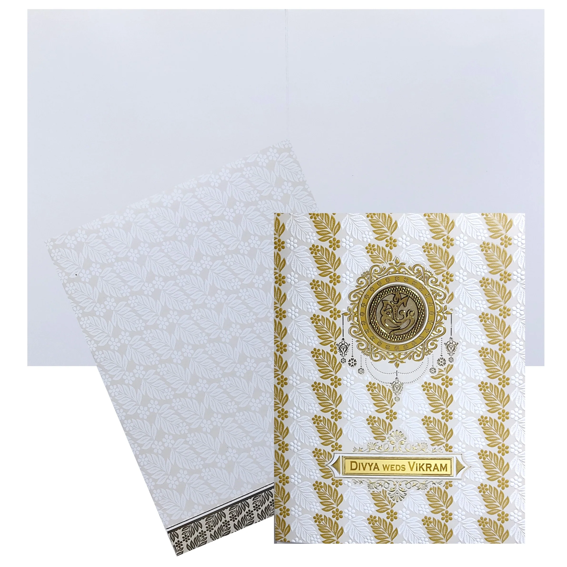 White Ganesha Embossed Floral Wedding Card-KNK9202W