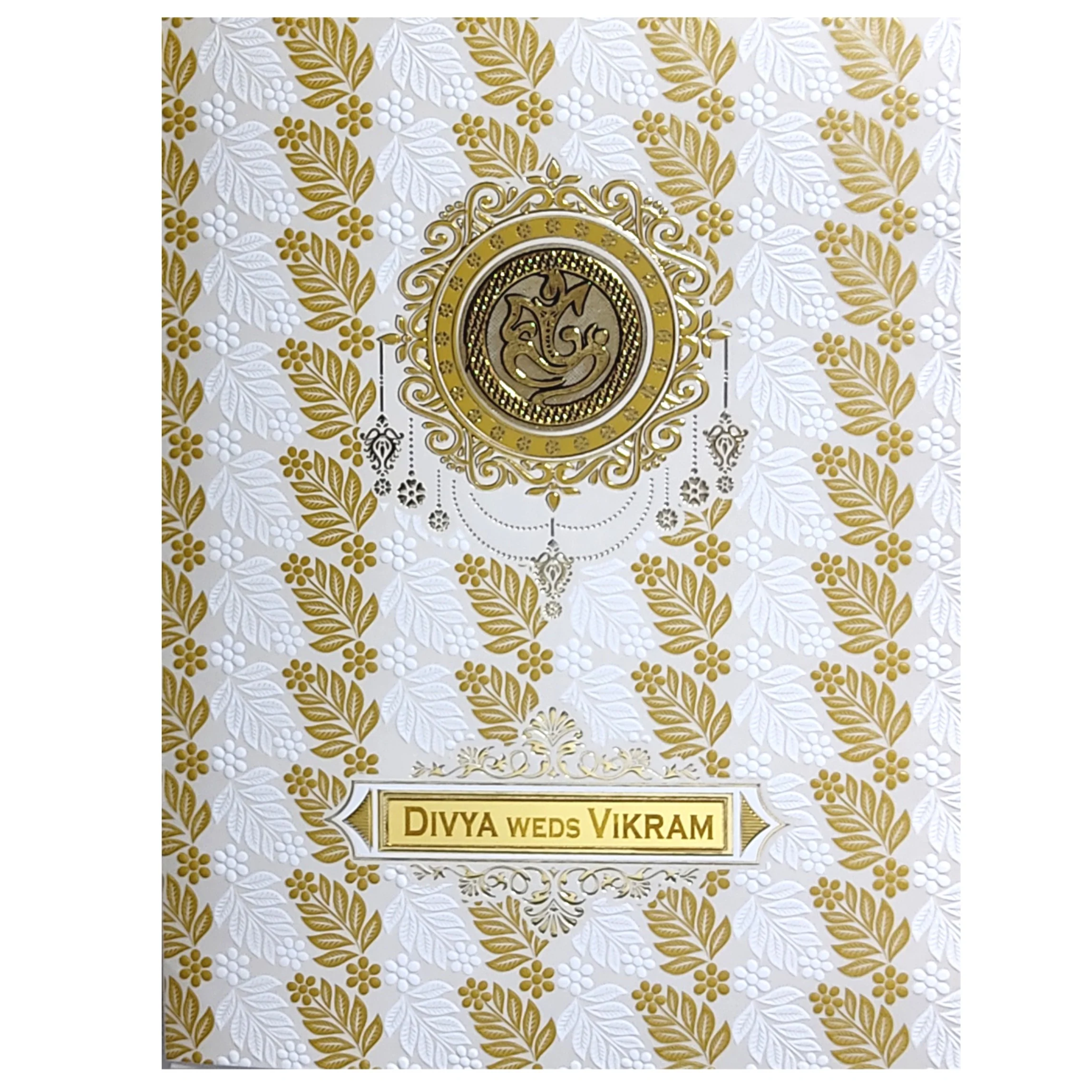 White Ganesha Embossed Floral Wedding Card-KNK9202W - Image 3