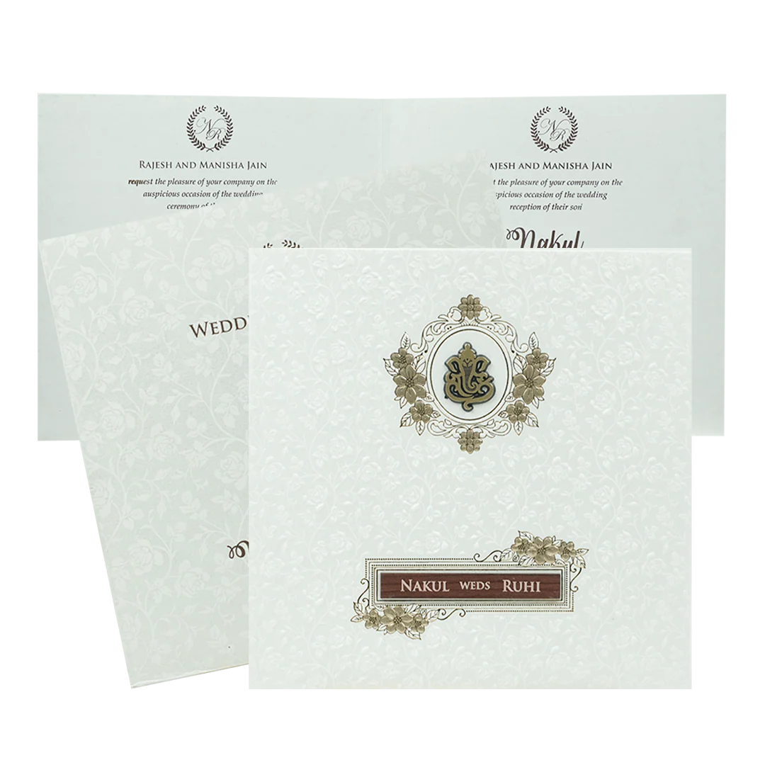 White Ganesha Floral Embossed Wedding Card-KRE28550