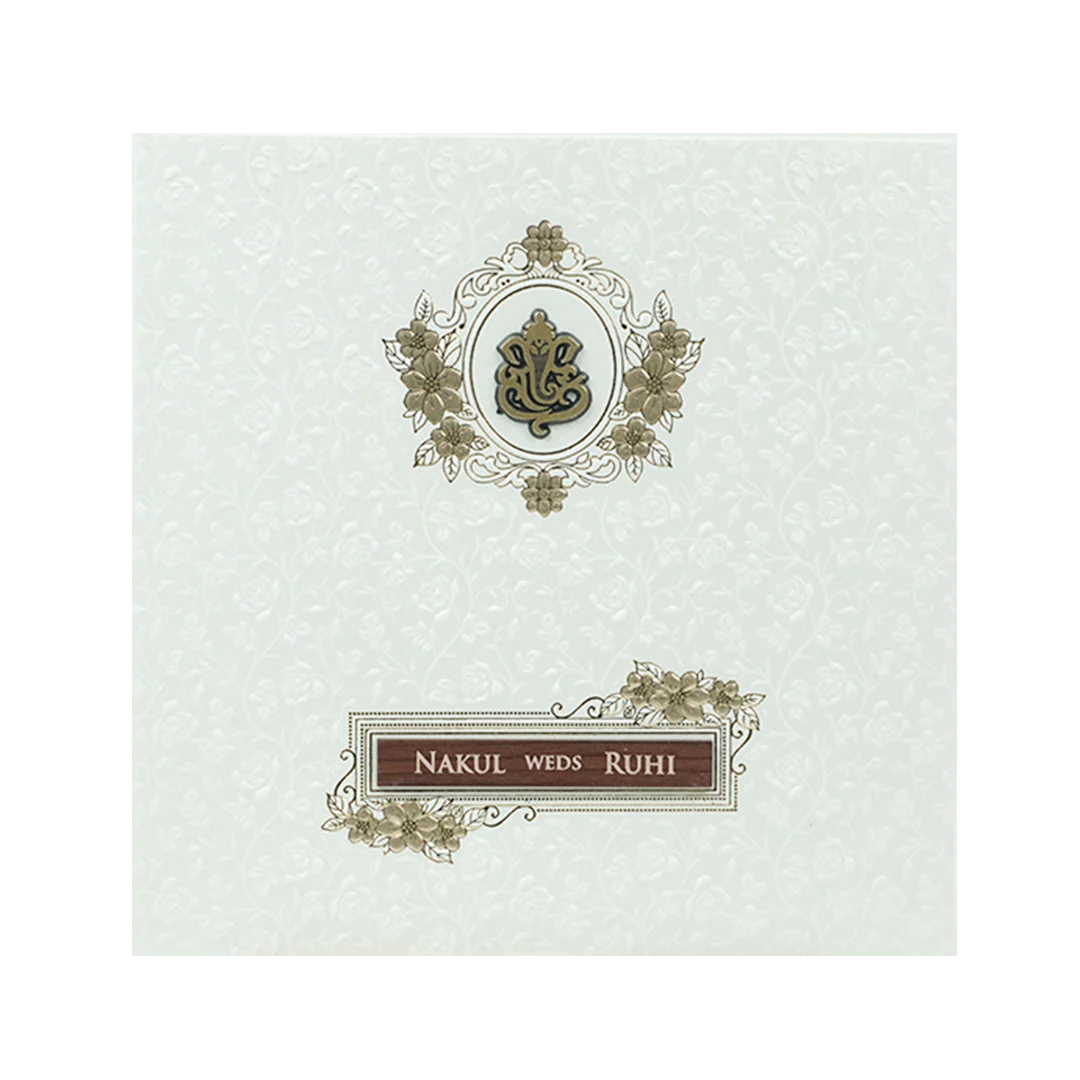 White Ganesha Floral Embossed Wedding Card-KRE28550 - Image 3