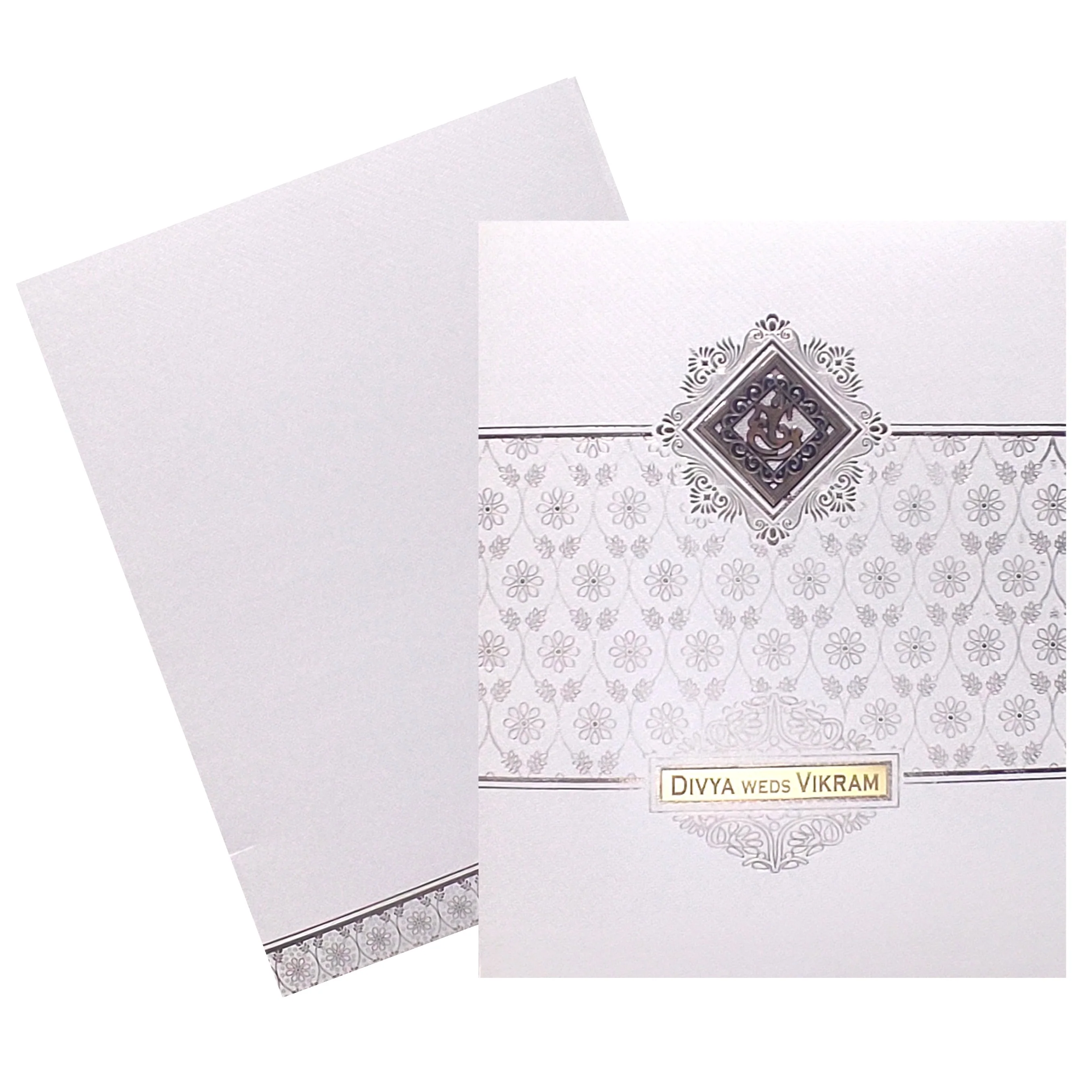 White Ganesha Floral Invitation Card-KNTW4401 - Image 2