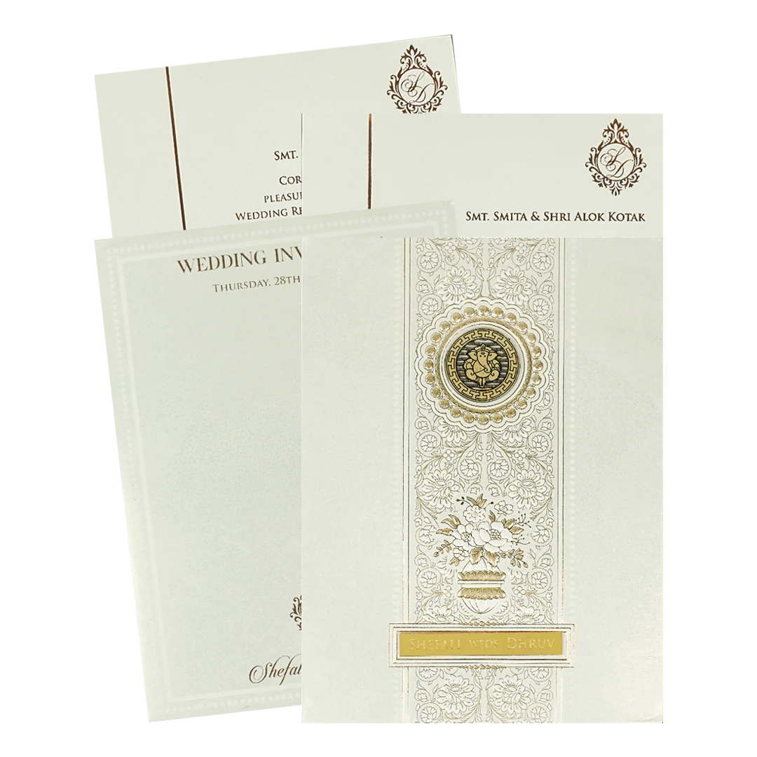 White Ganesha Floral Padded Wedding Card-KRE28220