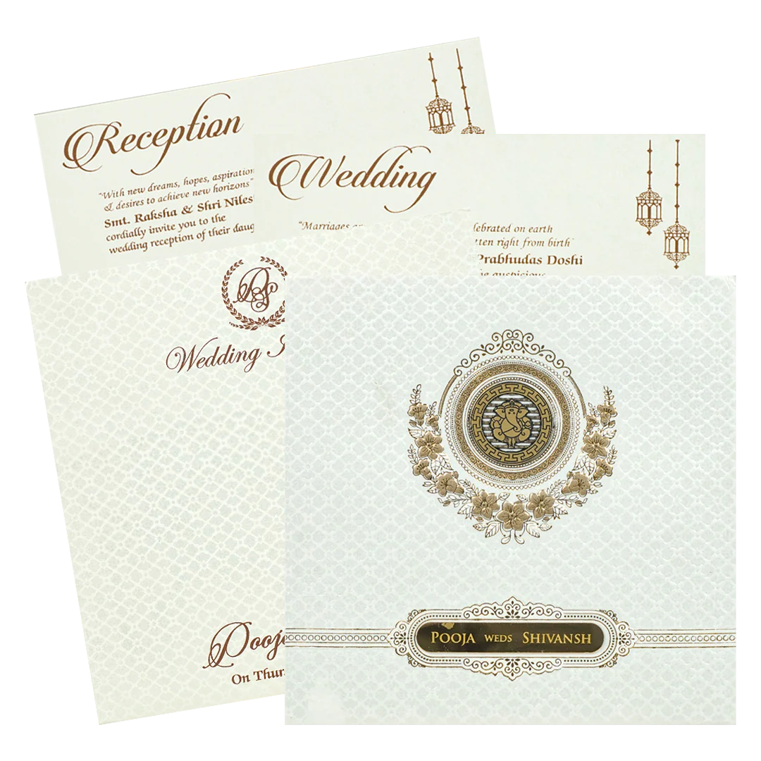White Ganesha Floral Padded Wedding Card-KRE27590