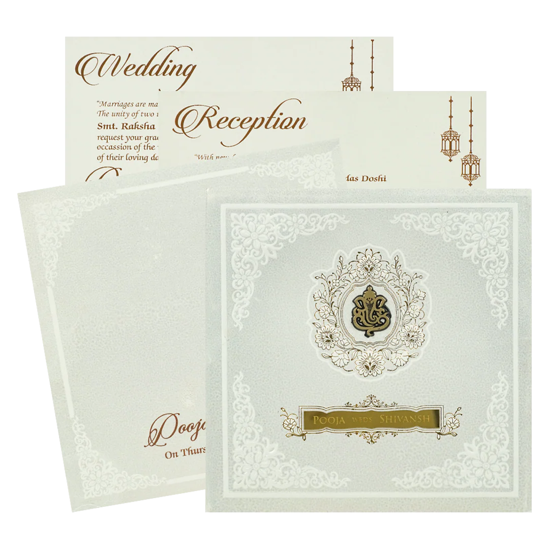 White Ganesha Floral Padded Wedding Card-KRE27580