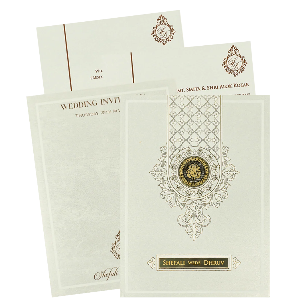 White Ganesha Geometric Padded Wedding Card-KRE28180
