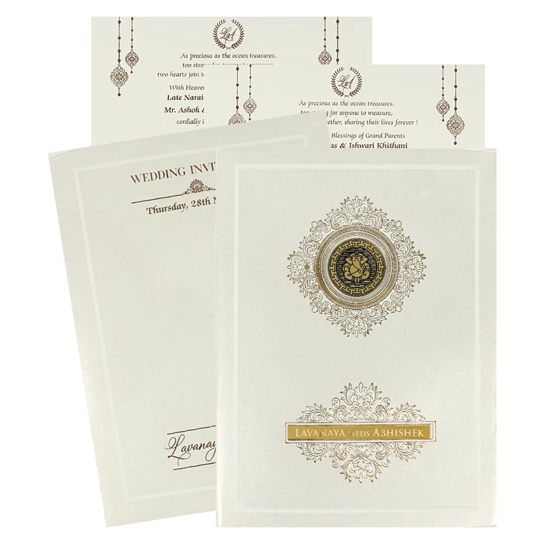 White Ganesha Medallion Floral Padded Wedding Card-KRE26300