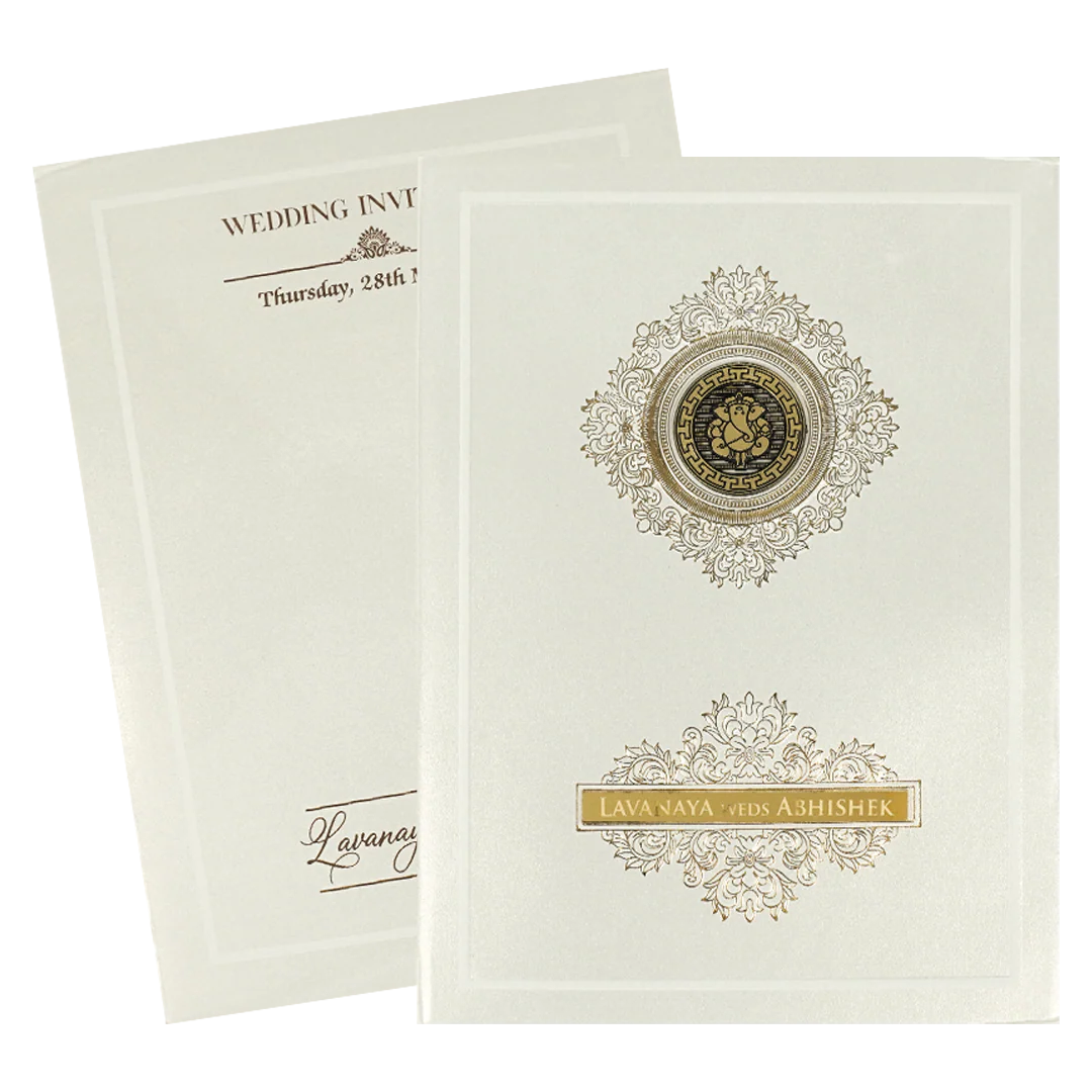 White Ganesha Medallion Floral Padded Wedding Card-KRE26300 - Image 2