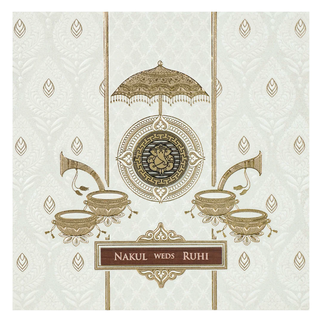 White Ganesha Umbrella Embossed Wedding card-KRE28530 - Image 3