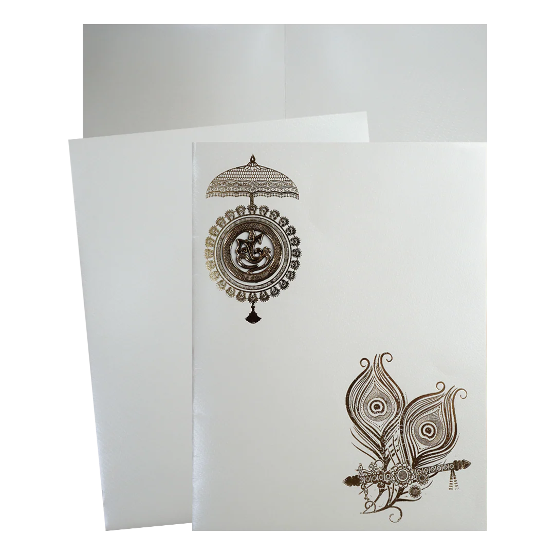 White Ganesha Umbrella Peacock Feather Wedding Card-KNWT5015
