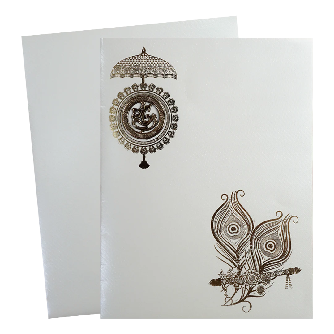 White Ganesha Umbrella Peacock Feather Wedding Card-KNWT5015 - Image 2