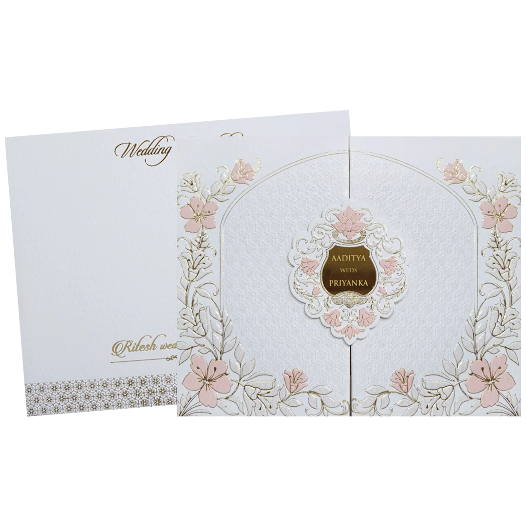 White Gatefold Padded Floral Wedding Card-KMMWD1112 - Image 2