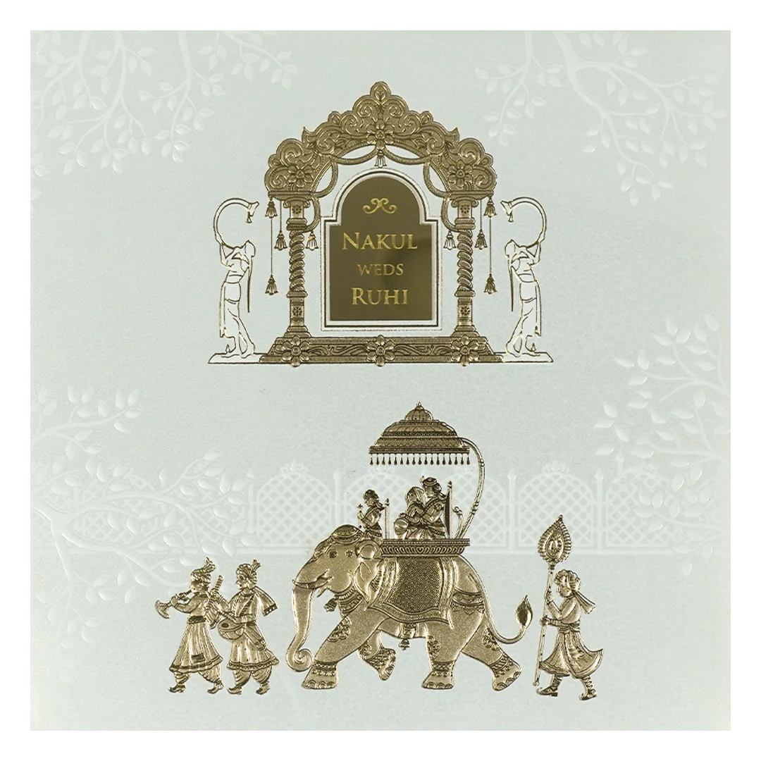 White Gold Arch Elephant Padded Wedding card-KRE28280 - Image 3