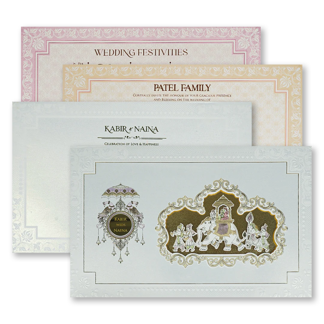 White Gold Barat Padded Wedding Card-KRE28070