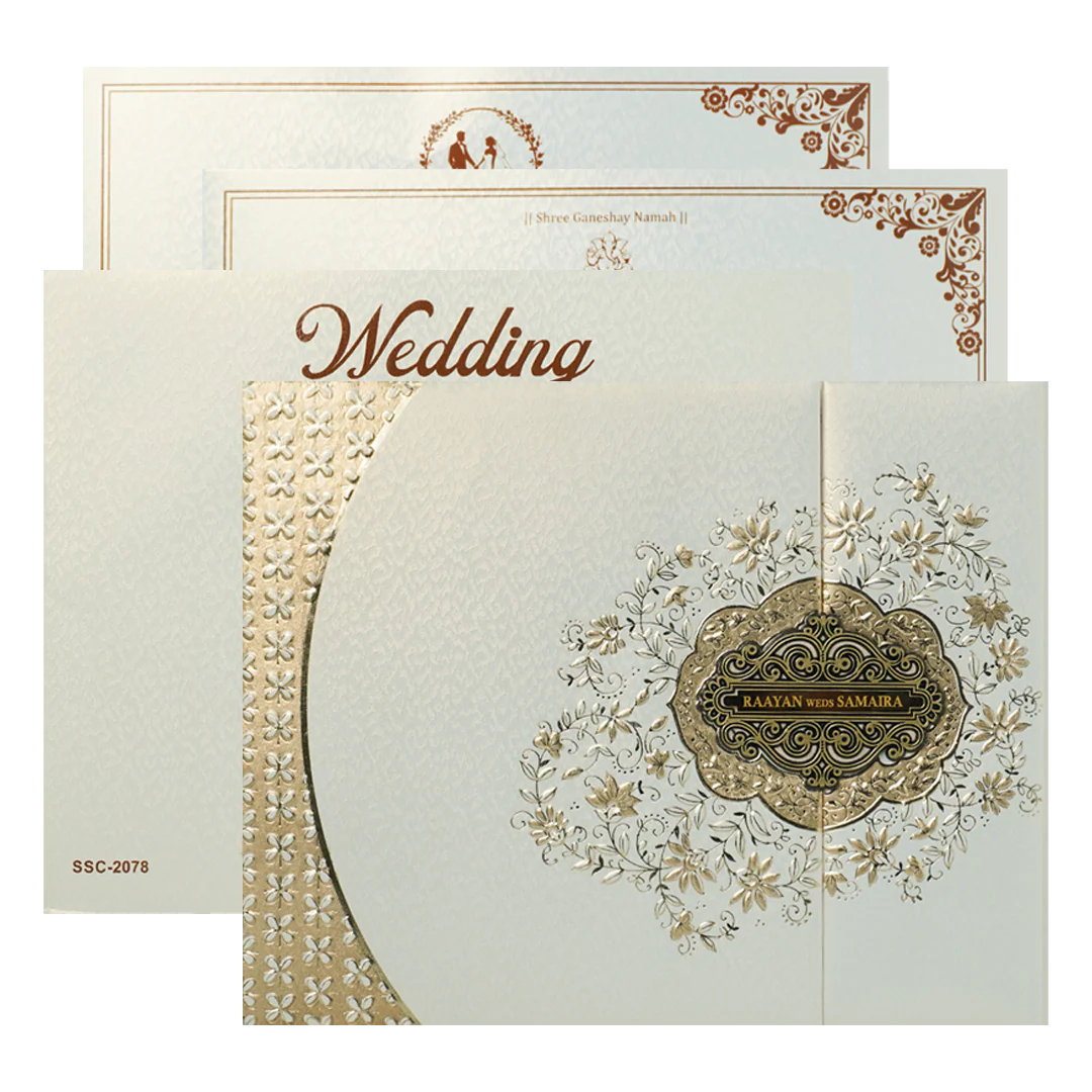 White Gold Embossed Floral Padded Wedding Card-KSSC2078