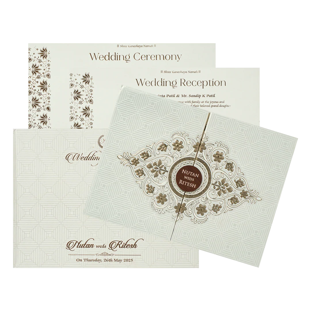 White Gold Embossed Floral Padded Wedding Card-KRE27400