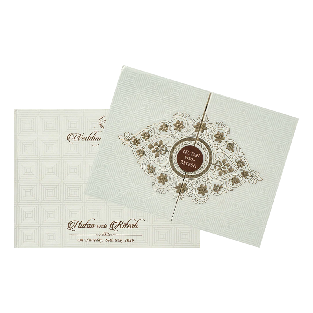 White Gold Embossed Floral Padded Wedding Card-KRE27400 - Image 2
