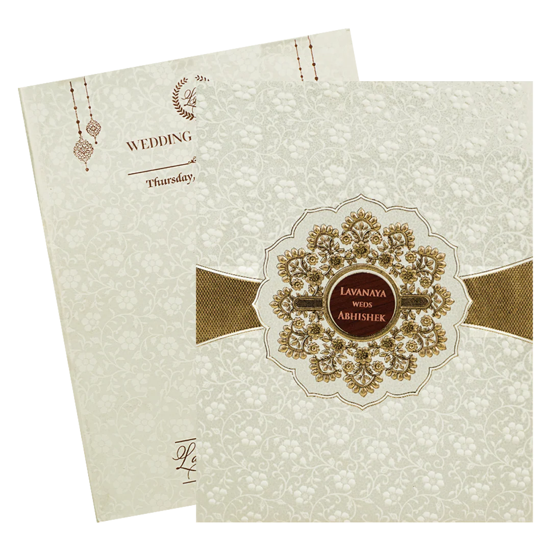 White Gold Embossed Medallion Wedding Card-KRE27640 - Image 2
