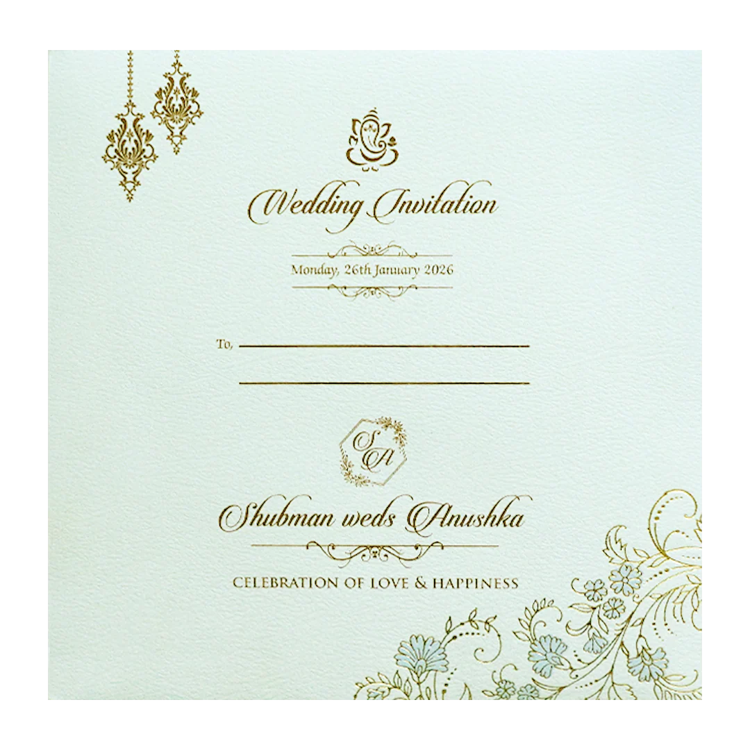 White Gold Embossed Padded Floral Wedding Invitation Card-KRB09580 - Image 4