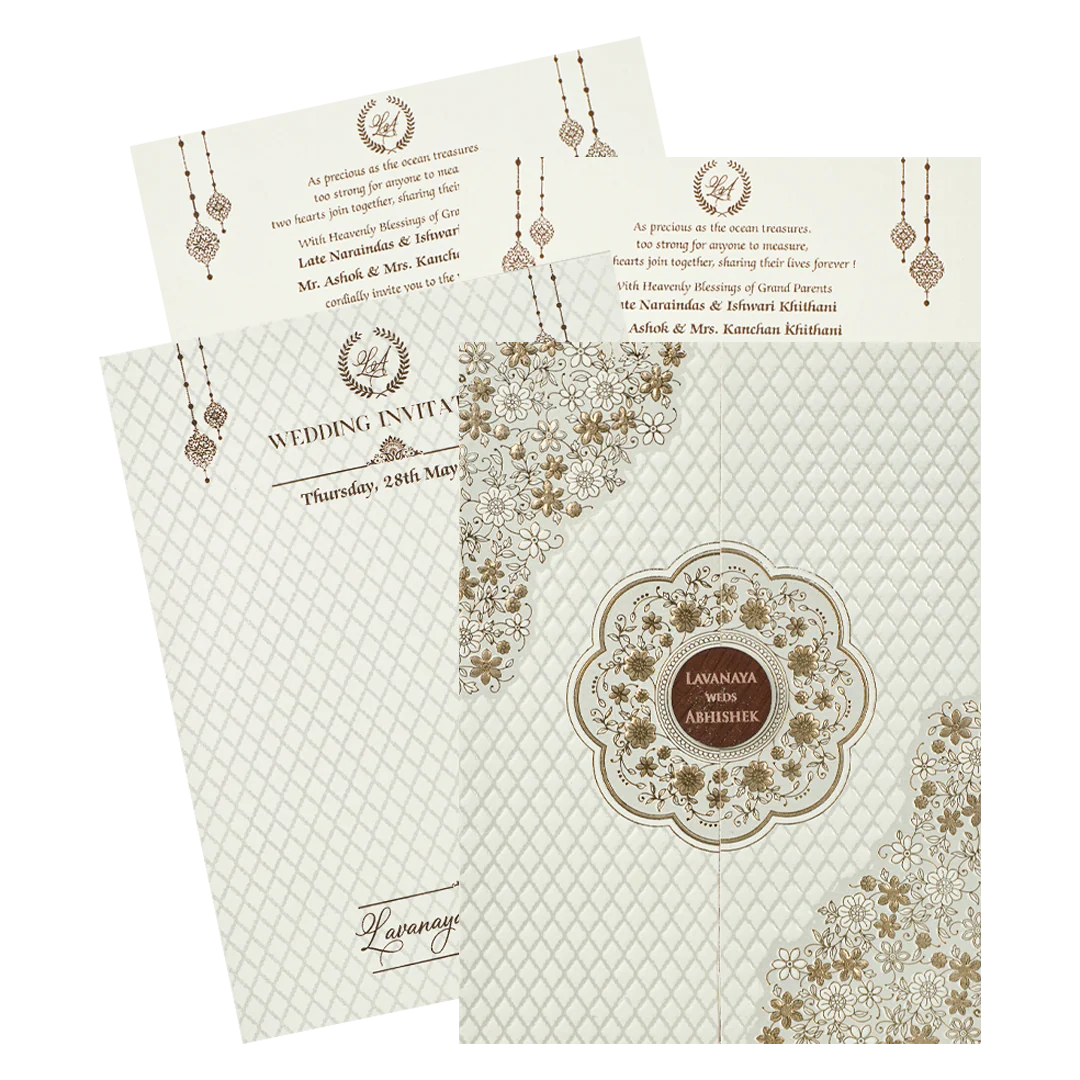 White Gold Floral Door Wedding Card-KRE27690