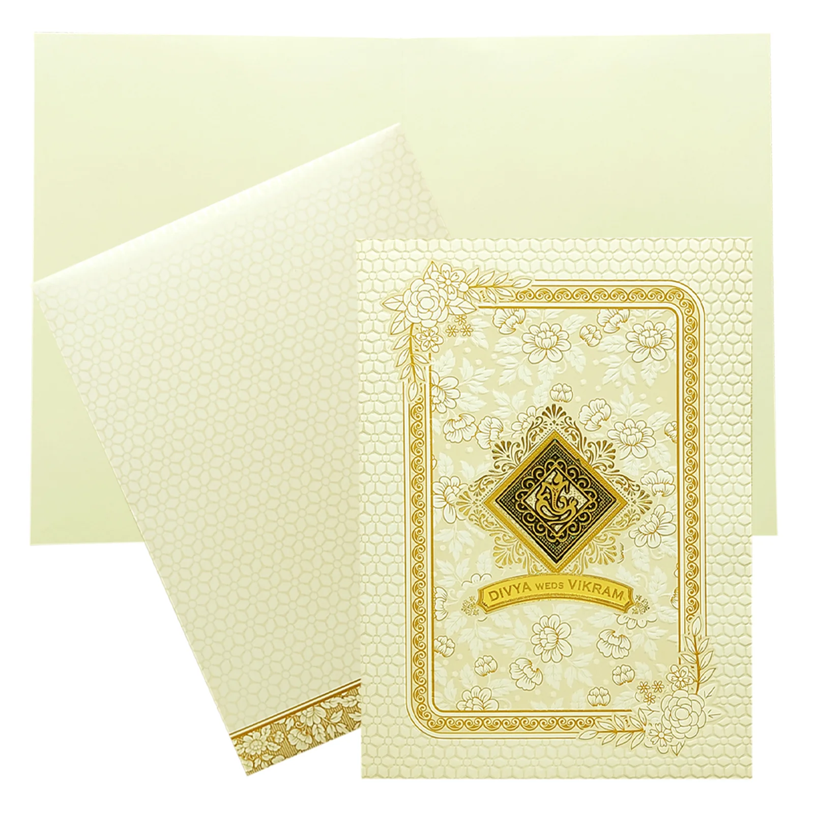 White Gold Floral Invitation Card-KNK7066W