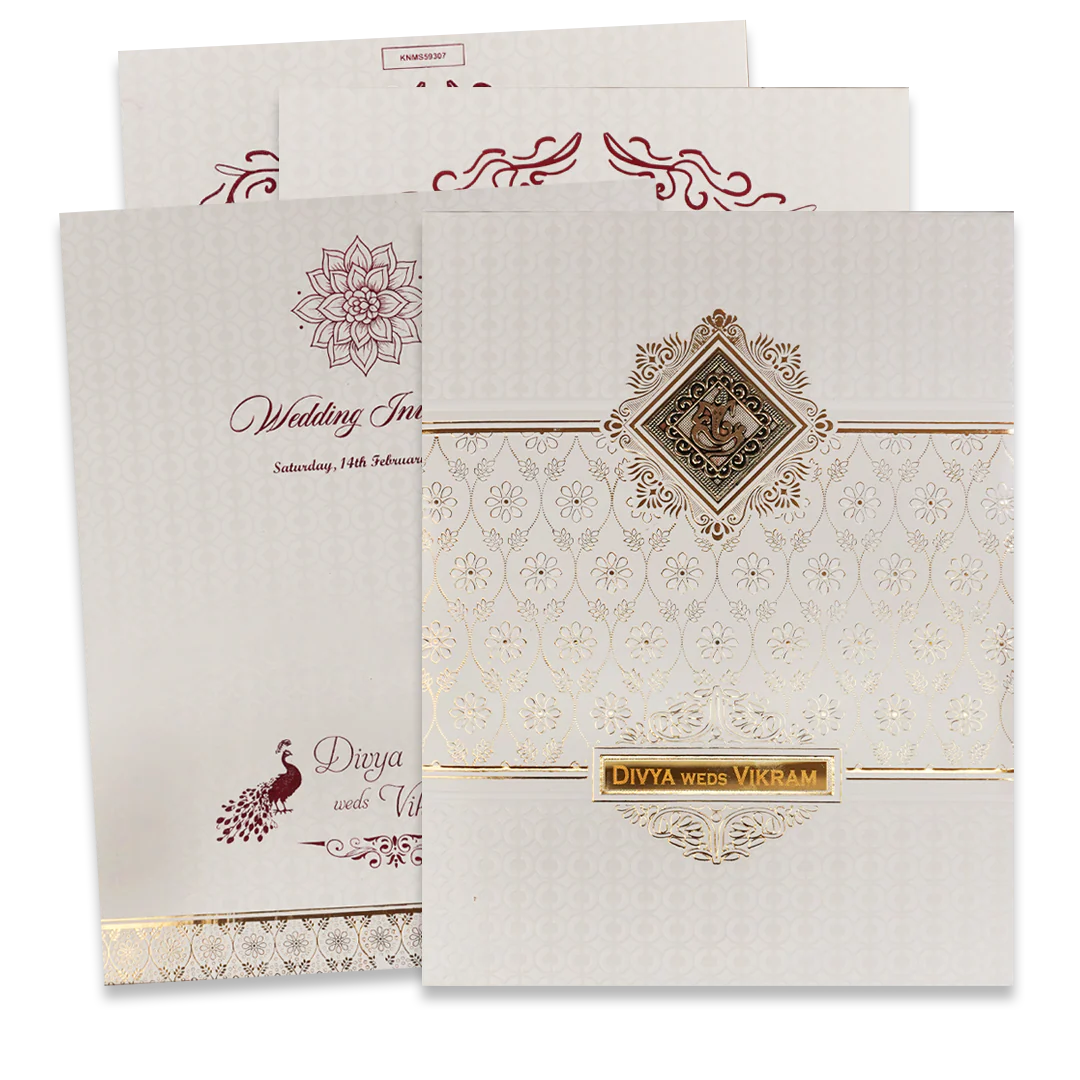 White Gold Floral Padded Wedding Card-KNMS9307