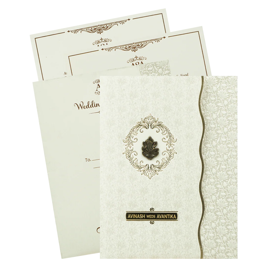 White Gold Ganesha Wedding Card-KSI64800
