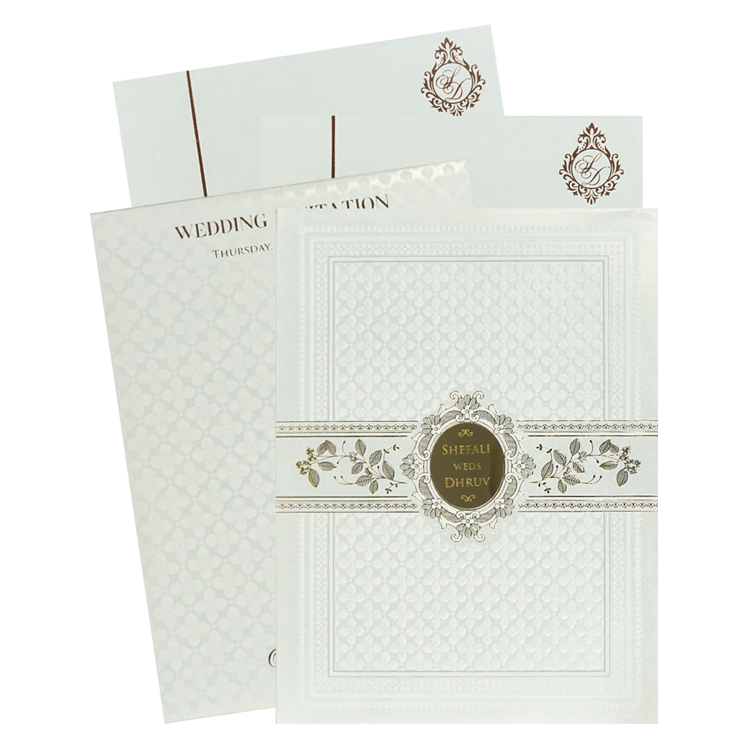 White Gold Geometric Padded Wedding card-KRE28200