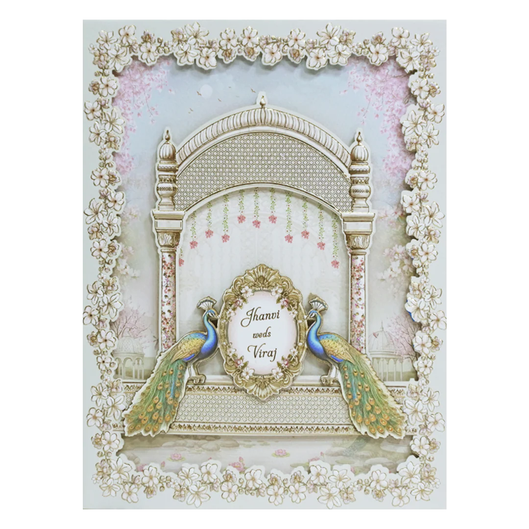 White Gold Lasercut Peacock Palace Padded Wedding Card-KMMEX8150 - Image 3