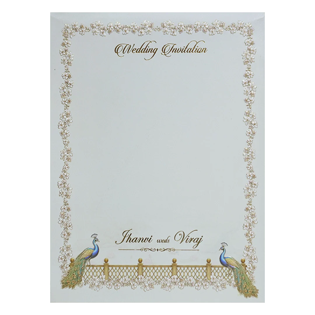White Gold Lasercut Peacock Palace Padded Wedding Card-KMMEX8150 - Image 4