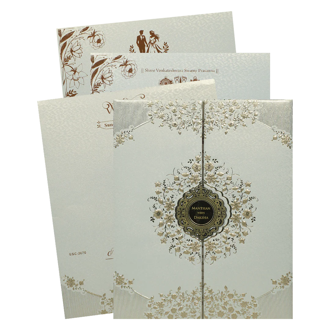 White Gold Square Floral Padded Wedding Card-KSSC2070