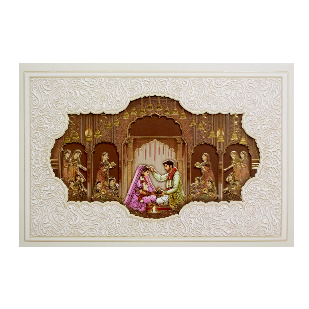 White Laser Cut Padded Royal Marriage Ceremony Wedding Card-KMMEX8220 - Image 3