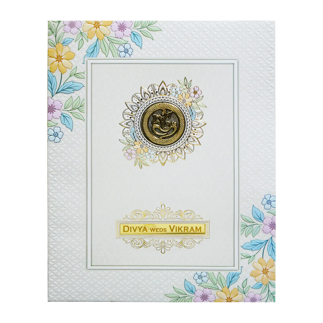 White Minimal Floral Embossed Invitation Card-KNJP1203 - Image 3