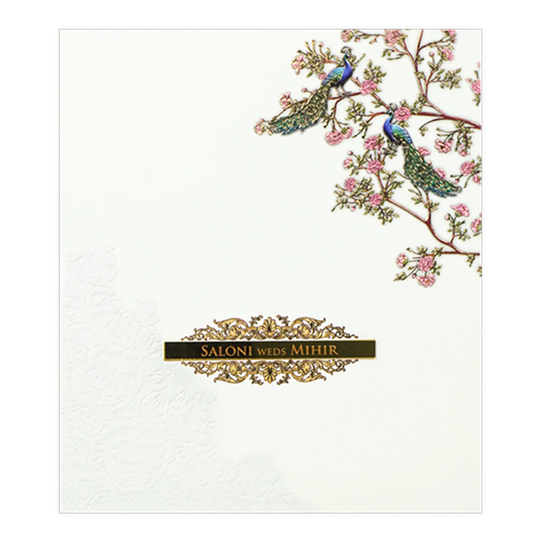 White Padded Floral Peacock Wedding Card - KPR25120 - Image 3