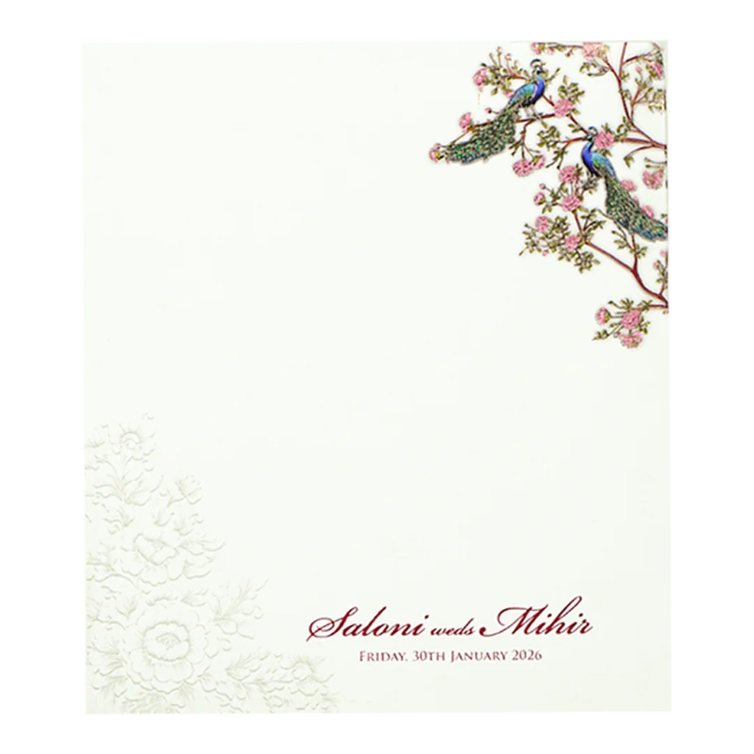White Padded Floral Peacock Wedding Card - KPR25120 - Image 4
