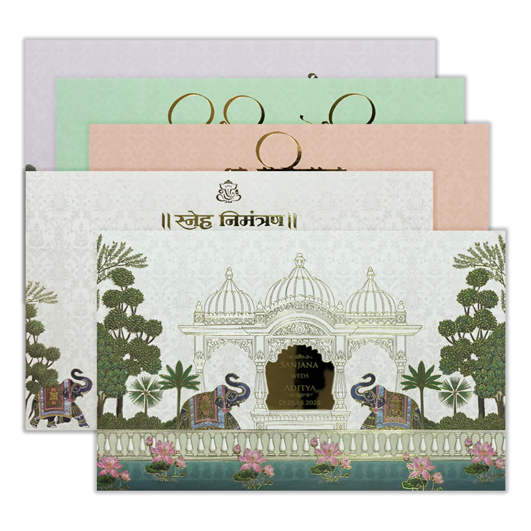 White Palace Elephant Floral Padded Wedding Card-KSH72040