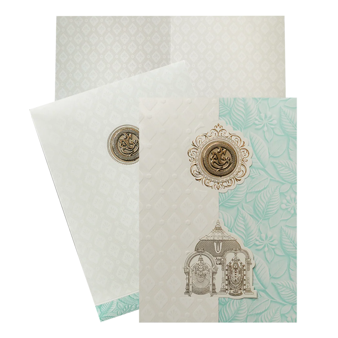 White Pastel Blue Ganesha Temple Wedding Card-KNA2401B