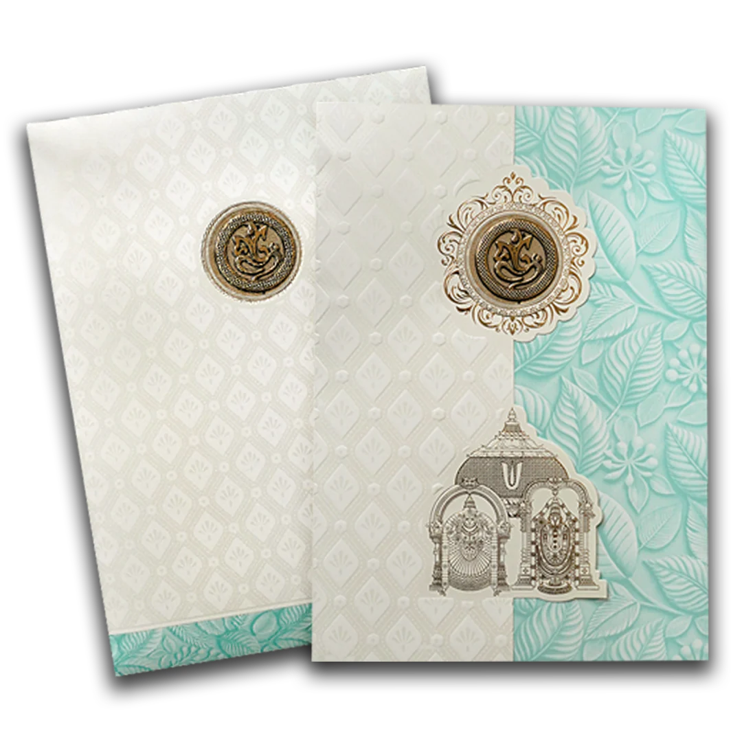 White Pastel Blue Ganesha Temple Wedding Card-KNA2401B - Image 2