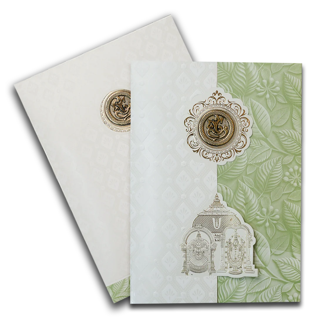 White Pastel Green Ganesha Temple Wedding Card-KNA2401G - Image 2