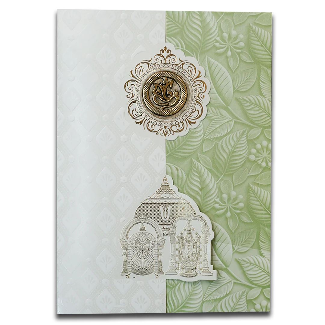 White Pastel Green Ganesha Temple Wedding Card-KNA2401G - Image 3