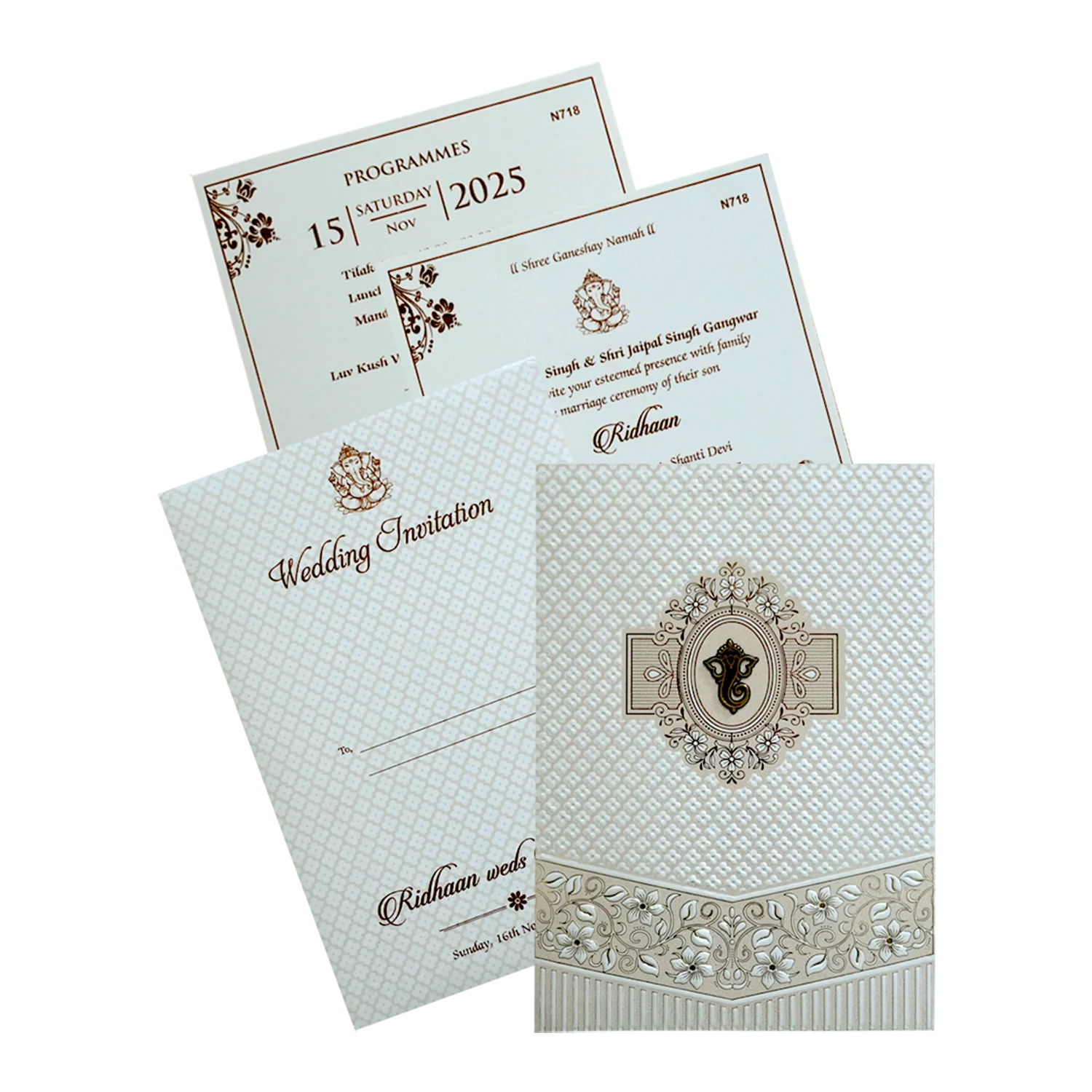 White Quilted Floral Ganesh Wedding Card - KVN07180