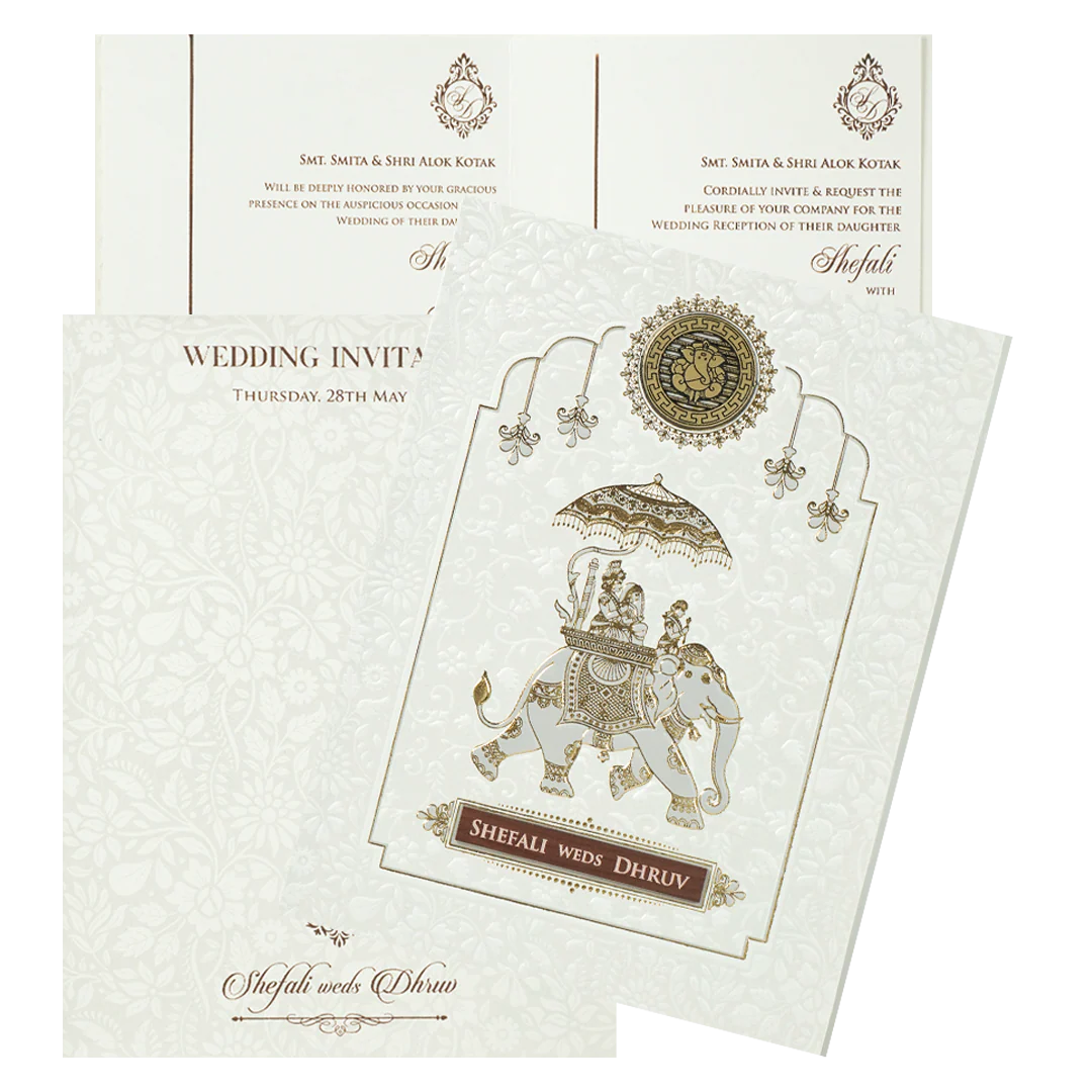 White Royal Elephant Wedding Card-KRE28380