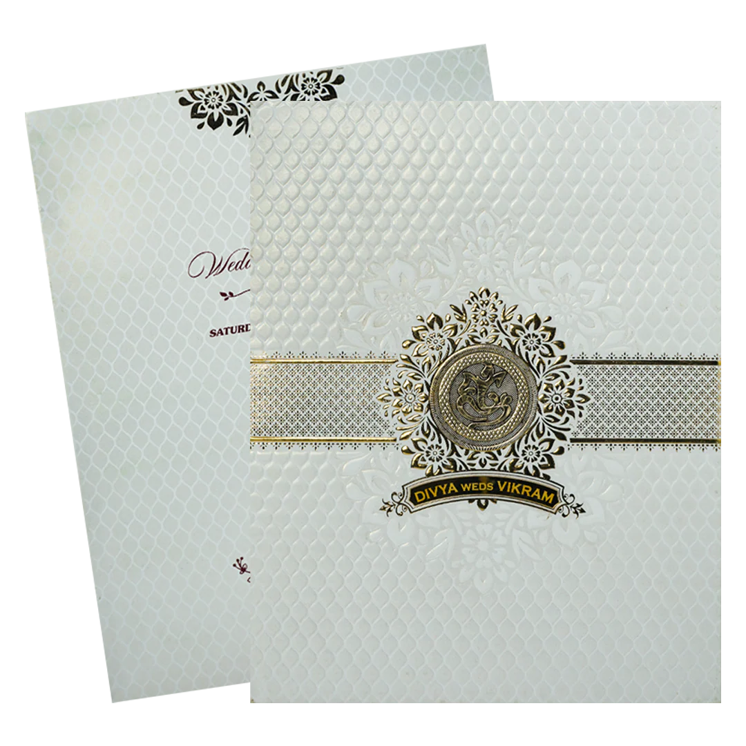 White Textured Floral Band Wedding Card-KNCS8516W - Image 2