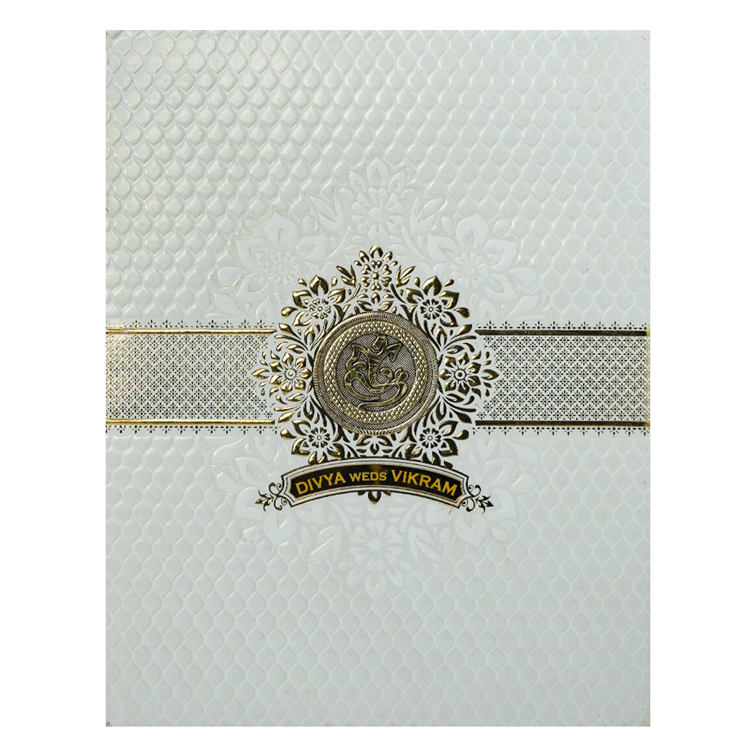 White Textured Floral Band Wedding Card-KNCS8516W - Image 3