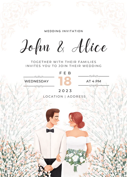 White Floral Caricature Wedding Invitation-AACAR001 - Image 2