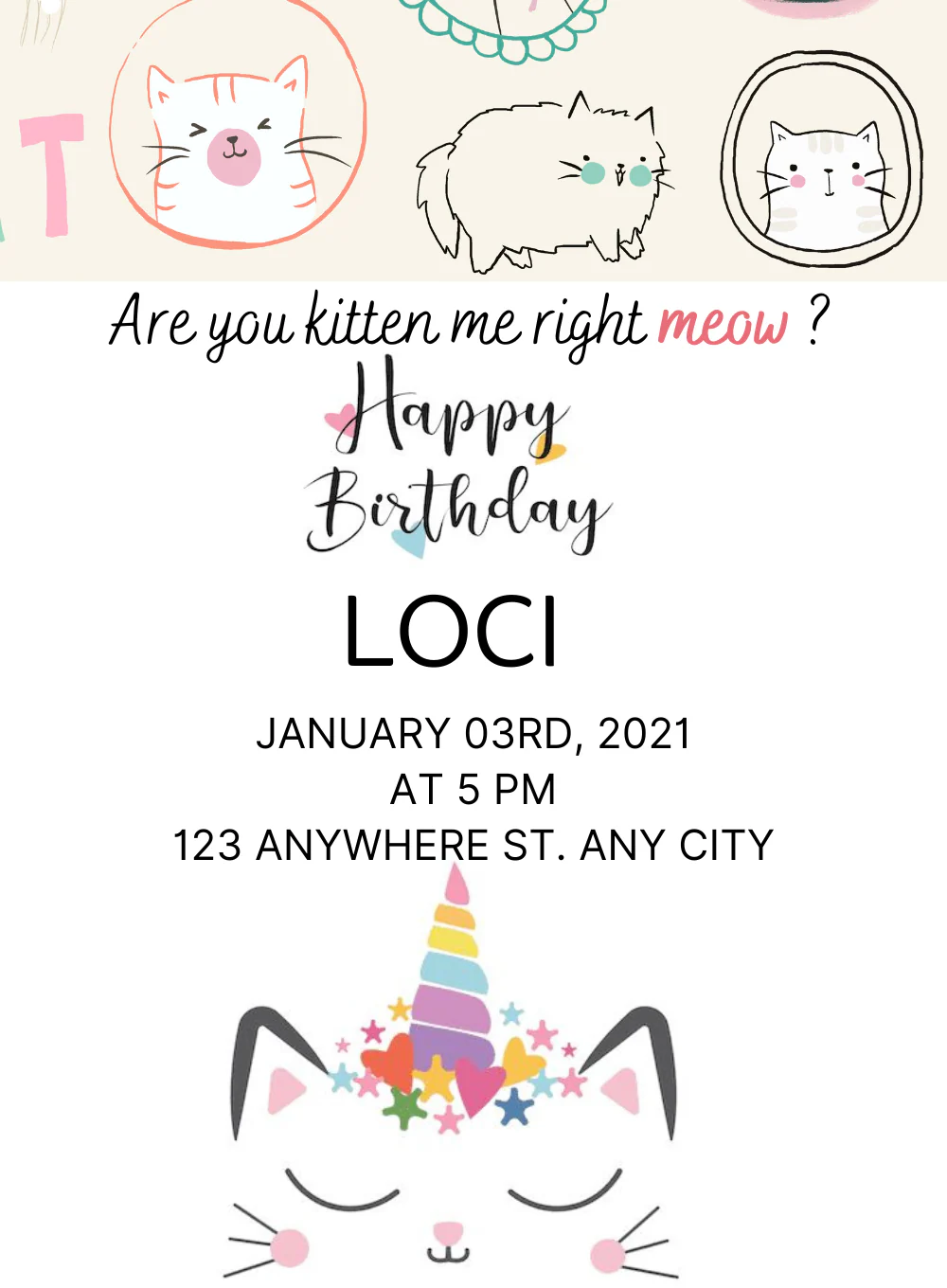 White Rainbow Pet Party Invitation-AAPET004