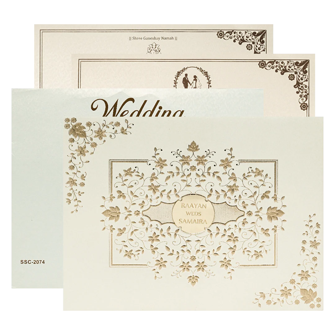 White Gold Floral Padded Wedding Card-KSSC2074