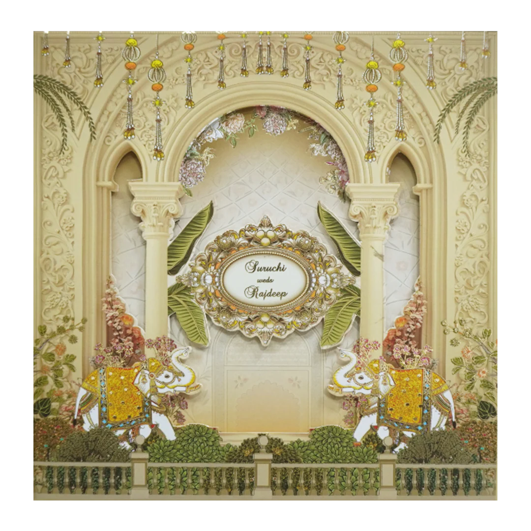 Yellow Cream Embossed Laser Cut Padded Wedding Card-KMMEX8180 - Image 3