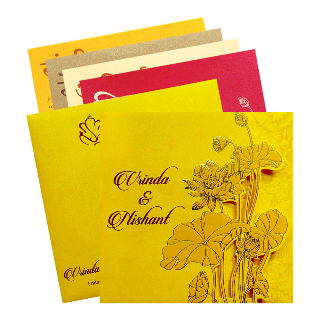 Yellow Lotus Laser Cut Door Style Wedding Card-KPR06120
