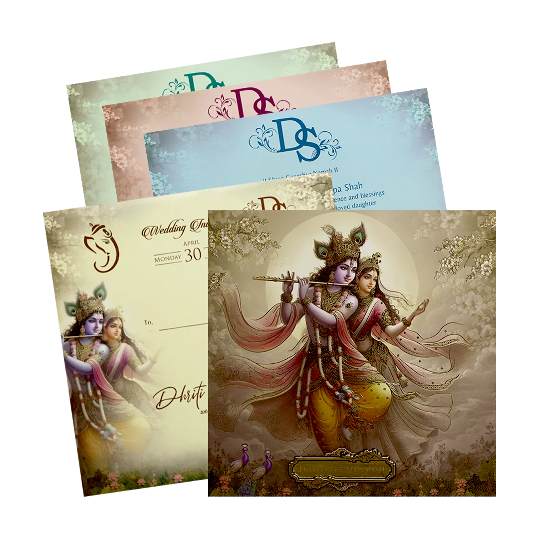 Yellow Radha Krishna Padded Wedding Card - KSH72680