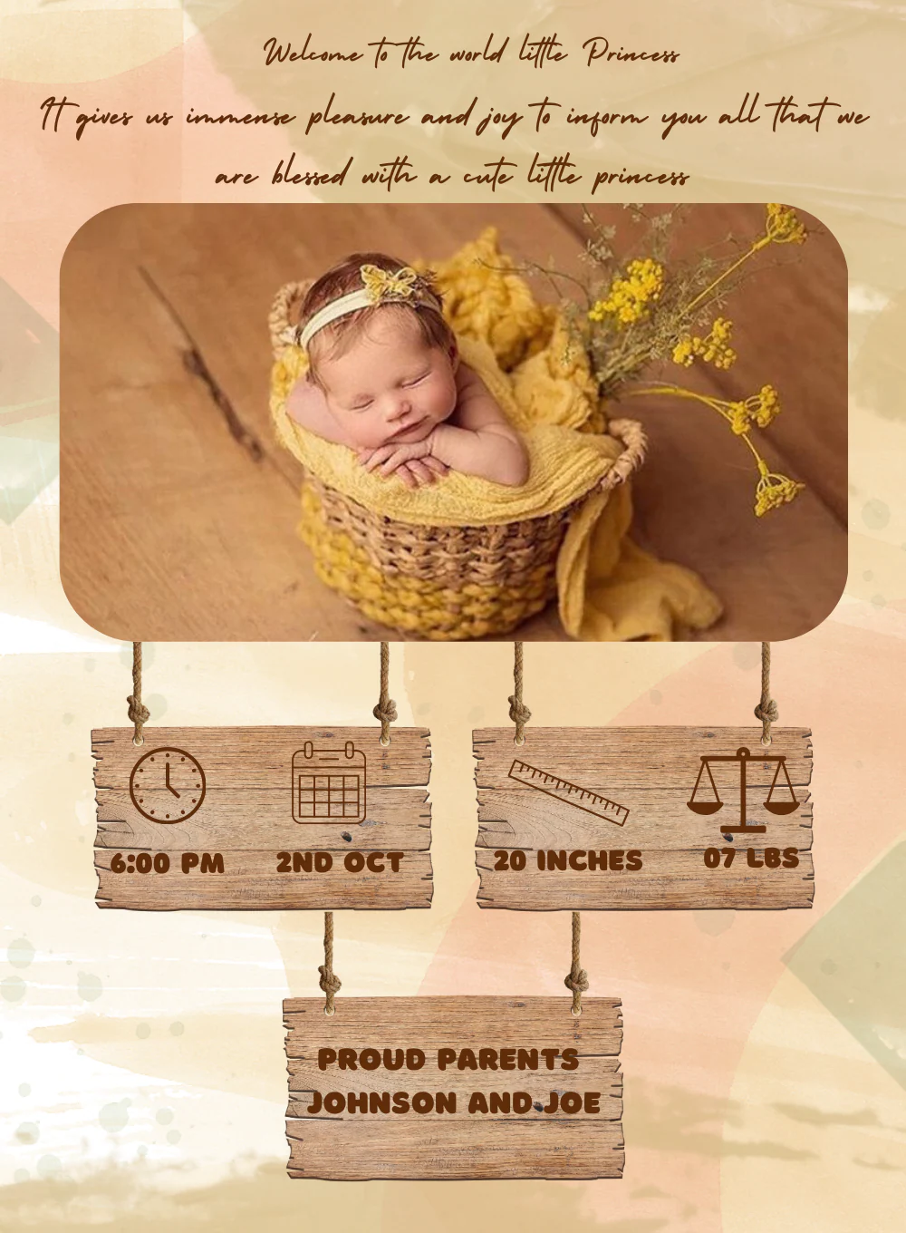 Yellow Basket Baby Birth Announcement Invitations-AABBA013